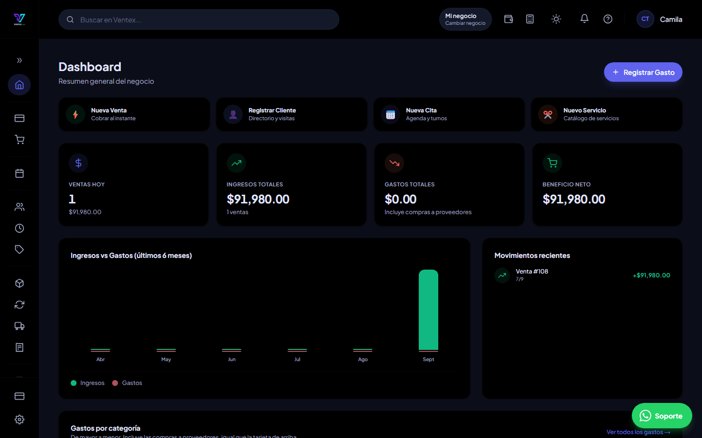 Dashboard de Ventex con ventas, ingresos y beneficio neto